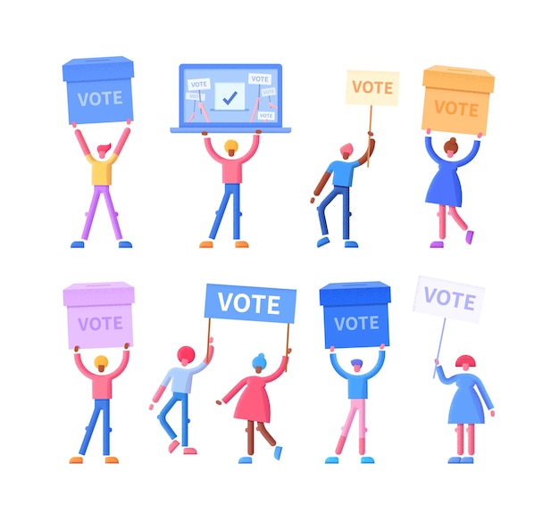 Ilustração plana do conceito de votação com eleitores felizes com urnas de votação