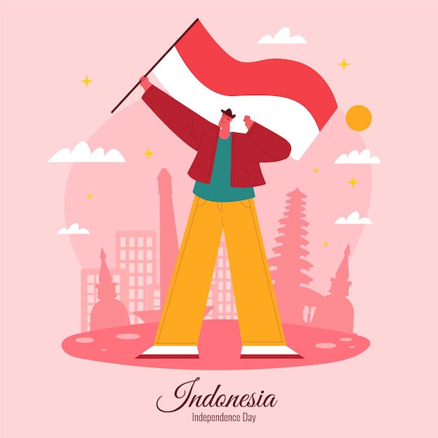 Vetor ilustração plana do dia da independência da indonésia com pessoa segurando a bandeira