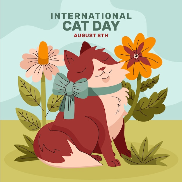 Vetor ilustração plana do dia internacional do gato com gato e flores