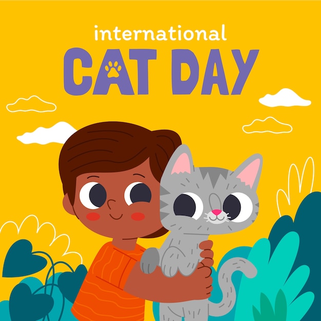 Vetor ilustração plana do dia internacional do gato com gato e menino