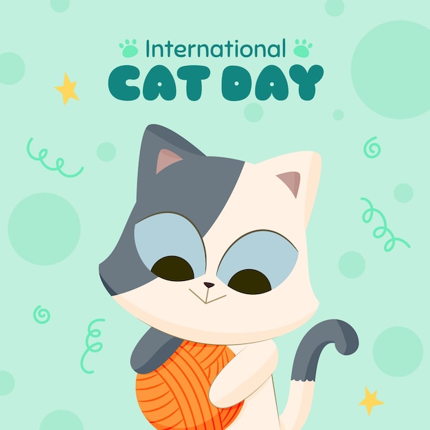 Vetor ilustração plana do dia internacional do gato com gato fofo e fios