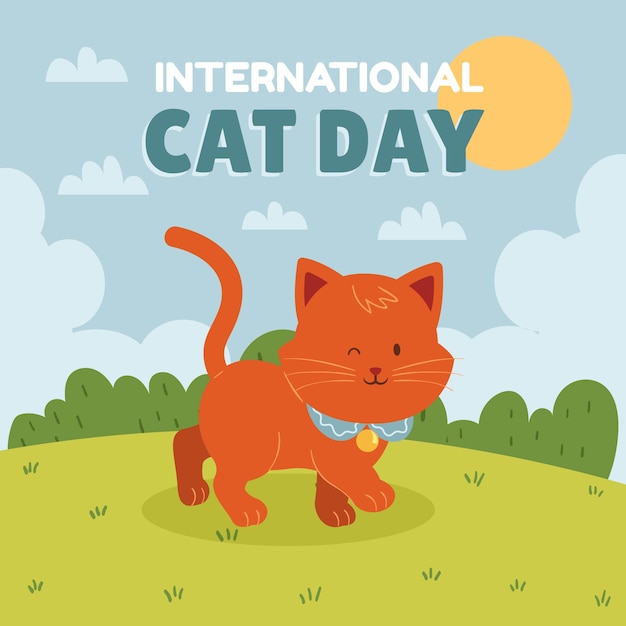 Vetor ilustração plana do dia internacional do gato com gato na grama