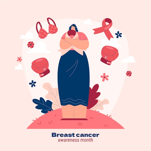 Ilustração plana do mês de conscientização sobre o câncer de mama