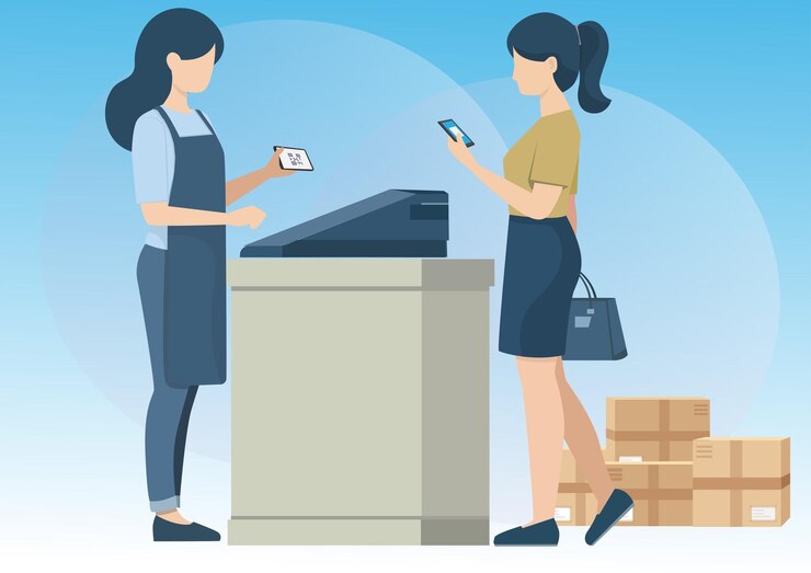 Vetor ilustração plana do pagamento do cliente por varredura a partir da aplicação bancária fundo vazio