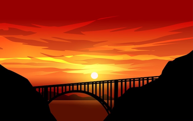 Vetor ilustração plana do pôr do sol com uma ponte