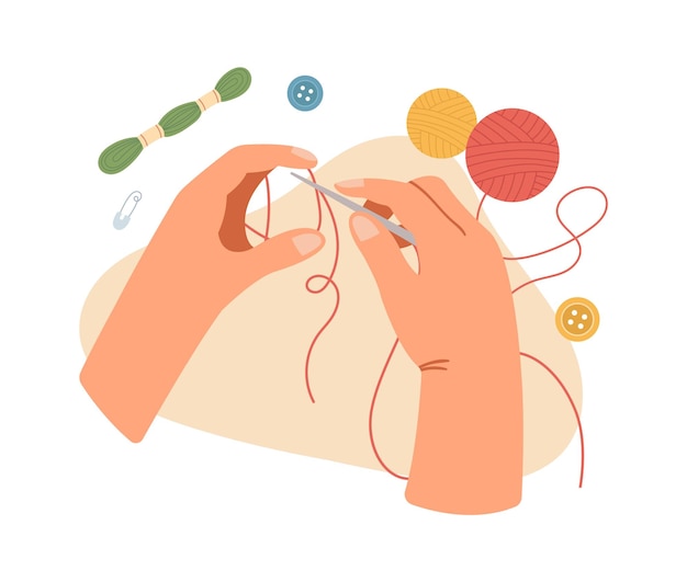 Ilustração plana do processo de tricô artesanal