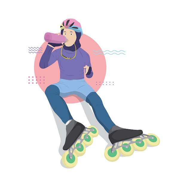 Vetor ilustração plana dos desenhos animados de uma mulher de patins sentada