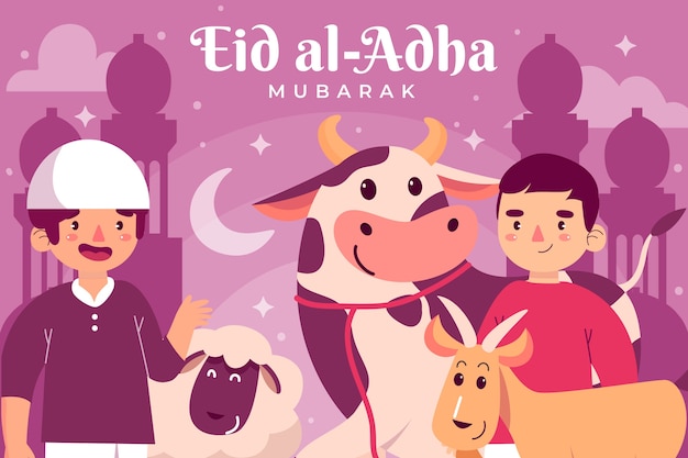 Ilustração plana eid al-adha com pessoas e animais