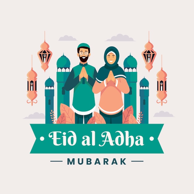 Vetor ilustração plana eid al-adha com pessoas rezando