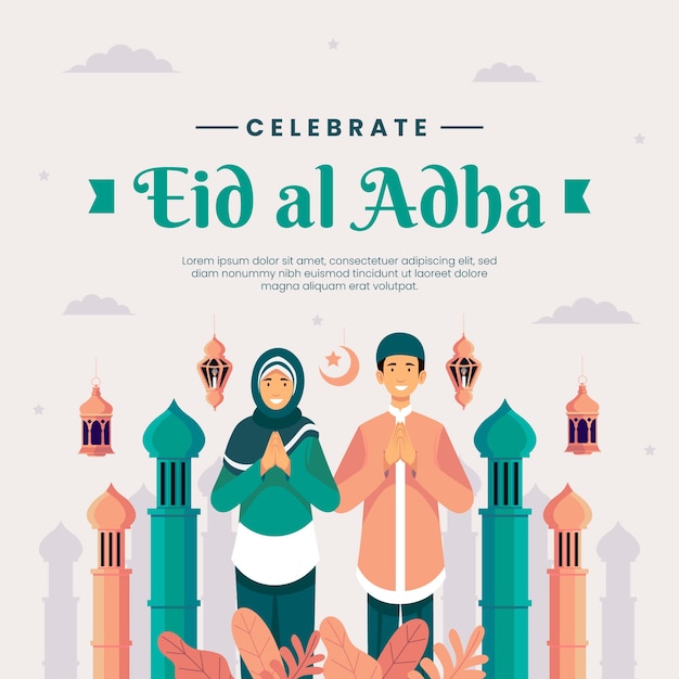 Vetor ilustração plana eid al-adha com pessoas rezando