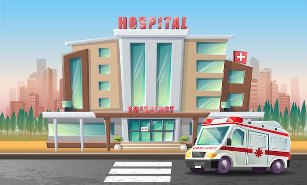 Ilustração plana em vetor desenho animado estilo de edifício de hospital