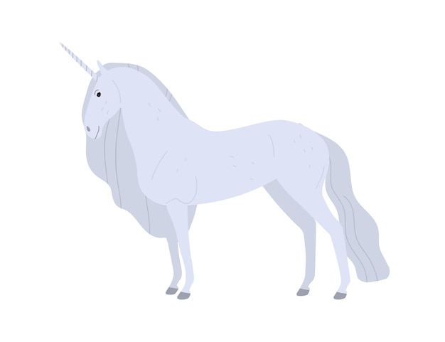 Ilustração plana em vetor lindo unicórnio branco fantasia. Cavalo mágico criatura mítica dos desenhos animados com chifre isolado no fundo branco. Personagem animal com chifres de conto de fadas.