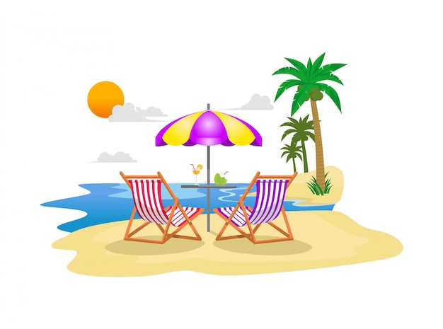 Modelo De Verão Com Praia, Árvore De Palma, Bola, Água De Coco, Cadeira.  Ilustração Vetorial. Royalty Free SVG, Cliparts, Vetores, e Ilustrações  Stock. Image 74063563