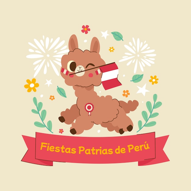 Ilustração plana fiestas patrias com lhama segurando a bandeira na boca