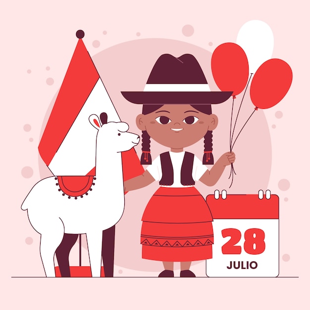 Vetor ilustração plana fiestas patrias com mulher segurando balões e lhama