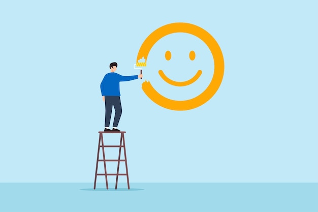 Ilustração plana homem feliz em pé na escada para pintar um rosto sorridente na parede simbolizando felicidade e pensamento positivo