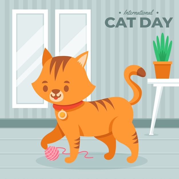 Ilustração plana internacional do dia do gato com gato e fios