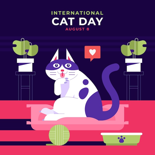 Ilustração plana internacional do dia do gato com gato e fios