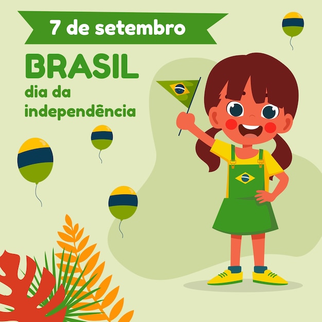 Ilustração plana para celebração de 7 de setembro com linda garota e bandeira do brasil