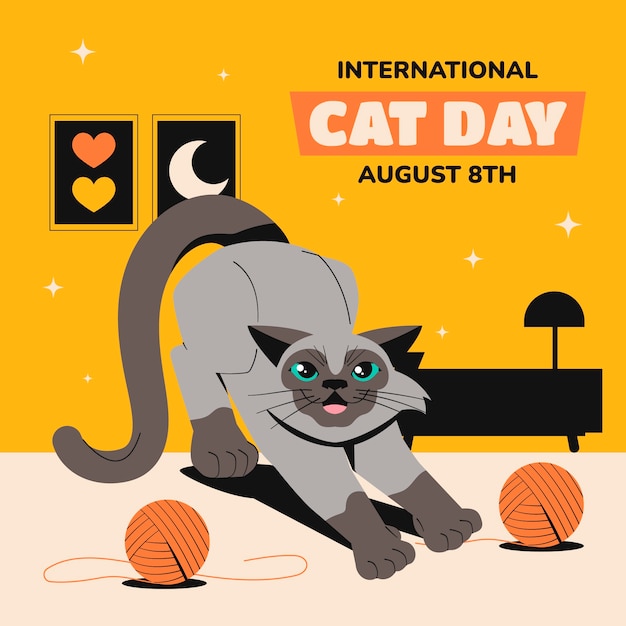 Ilustração plana para celebração do dia internacional do gato