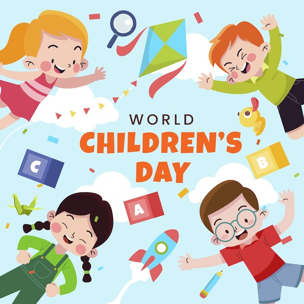 Ilustração plana para celebração do dia mundial da criança com crianças brincando