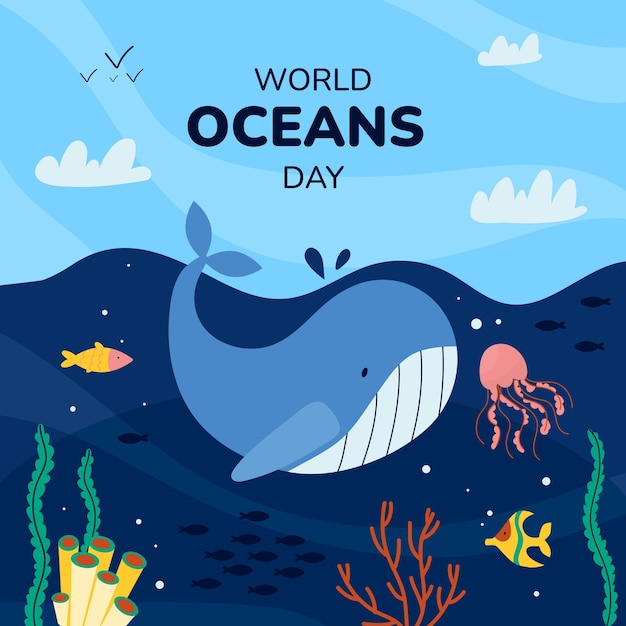 Vetor ilustração plana para celebração do dia mundial dos oceanos com vida oceânica
