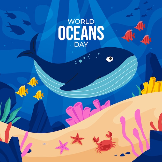 Ilustração plana para celebração do dia mundial dos oceanos