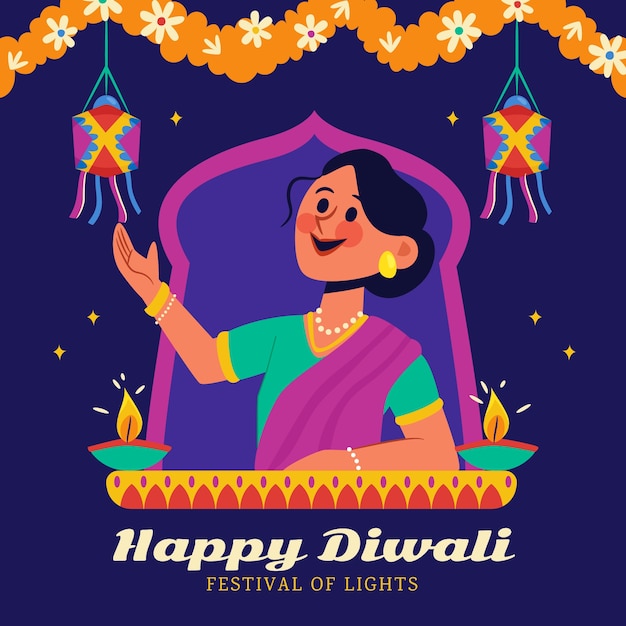 Ilustração plana para celebração do festival hindu diwali