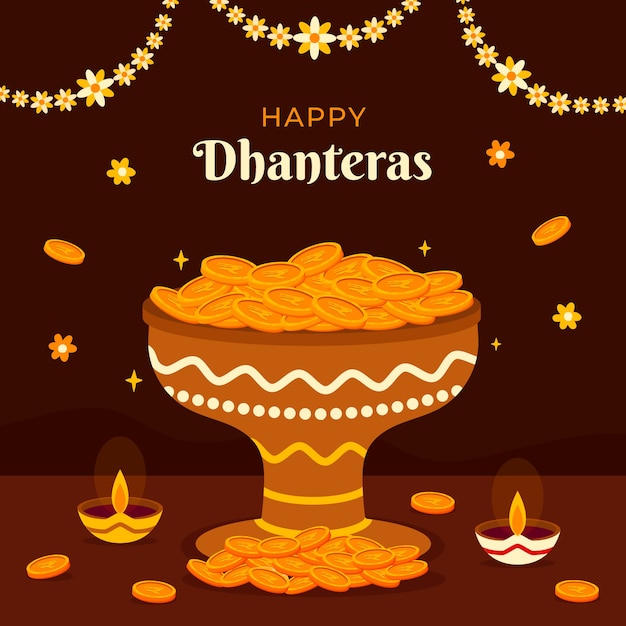 Ilustração plana para dhanteras com moedas e velas