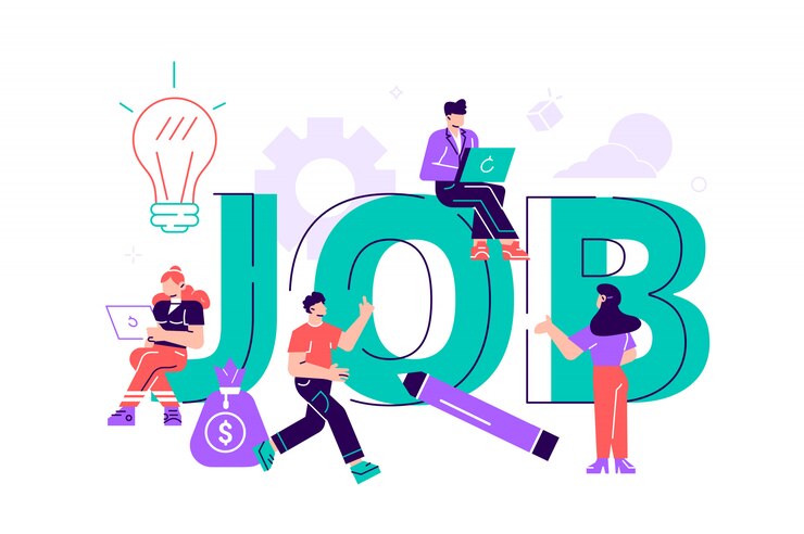 Vetor ilustração plana, procura de emprego, recrutamento, grupo de trabalho, freelance, web design gráfico. conceito de contratação e recrutamento para a página da web, banner, apresentação. entrevista de emprego, agência de recrutamento