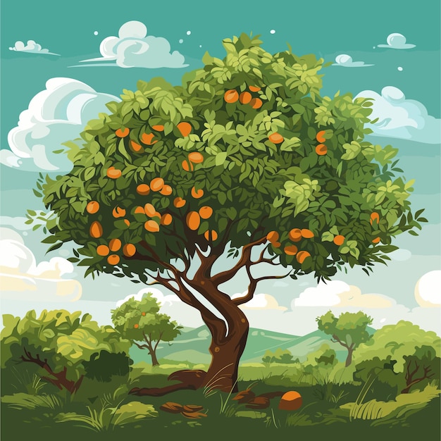Ilustração plana quase realista de uma laranja verde de verão com frutos brilhantes em um céu azul