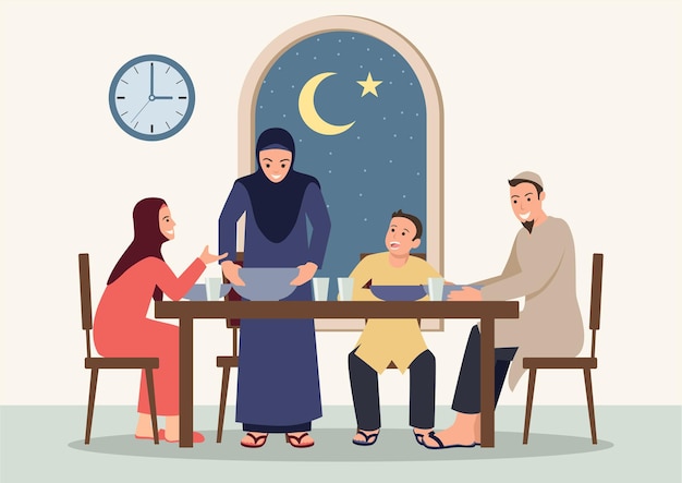 Ilustração plana simples de Suhoor e Iftar com a família durante o mês do Ramadã