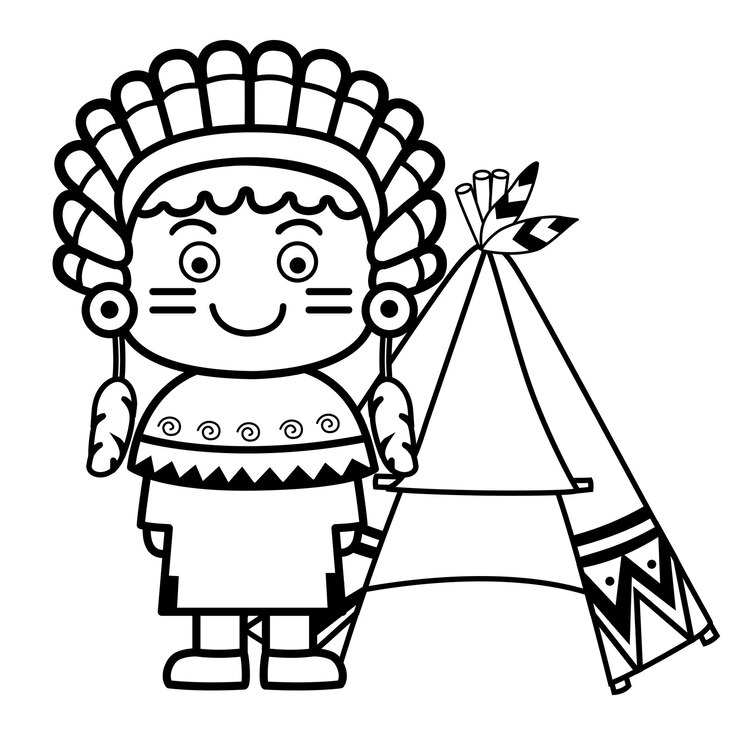 Vetor ilustração preto e branco crianças indígenas nativas para livro de colorir