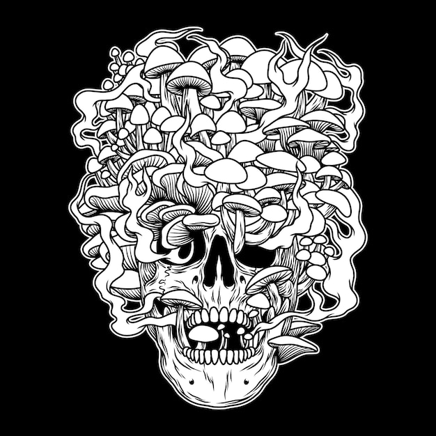 Ilustração preto e branco do crânio da cabeça do cogumelo