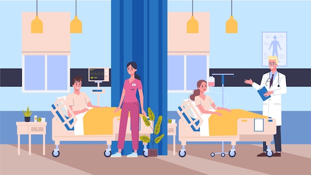 Vetor ilustração quarto de hospital. médico e enfermeira examinam os pacientes. conceito de assistência médica.