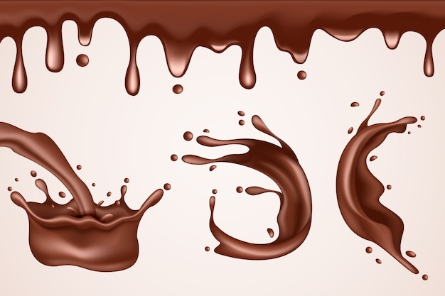 Ilustração realista da coleção de salpicaduras e gotejamentos de chocolate