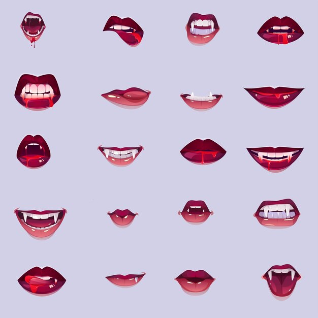 Ilustração realista de lábios de vampiro ilustração de várias expressões labiais