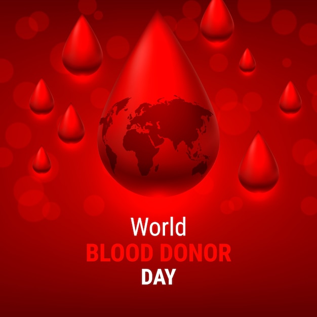 Vetor ilustração realista do dia mundial do doador de sangue com gotas de sangue