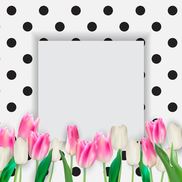 Ilustração realista fundo colorido de tulipas com moldura