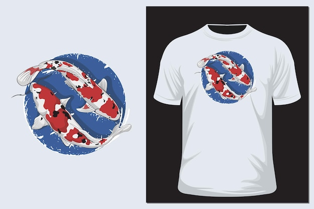Ilustração realista mão desenhada de duas carpas koi nadando no fundo das ondas de água. Estampa de camiseta.
