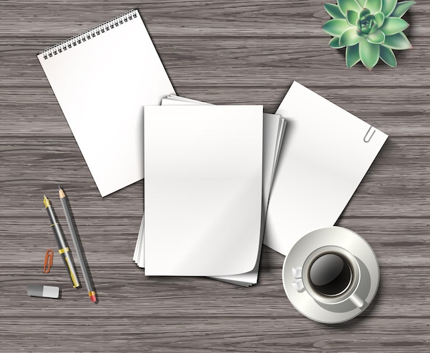ilustração realista Tabela de espaço de trabalho de vista superior com folhas de papel preto com um espaço de cópia p
