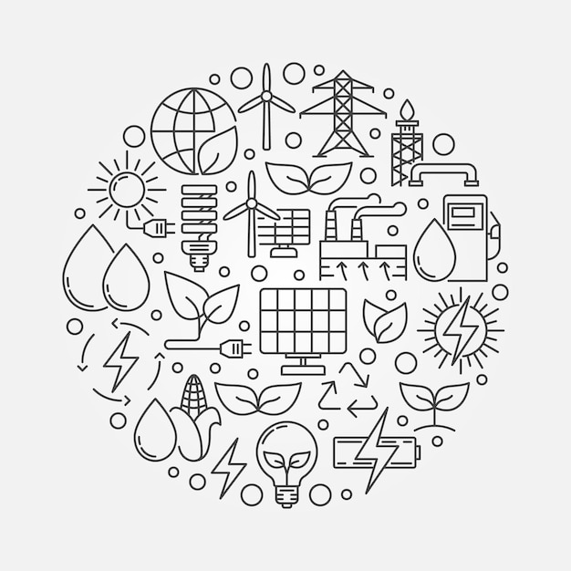 Ilustração redonda do vetor de energia verde e alternativa em estilo de linha fina