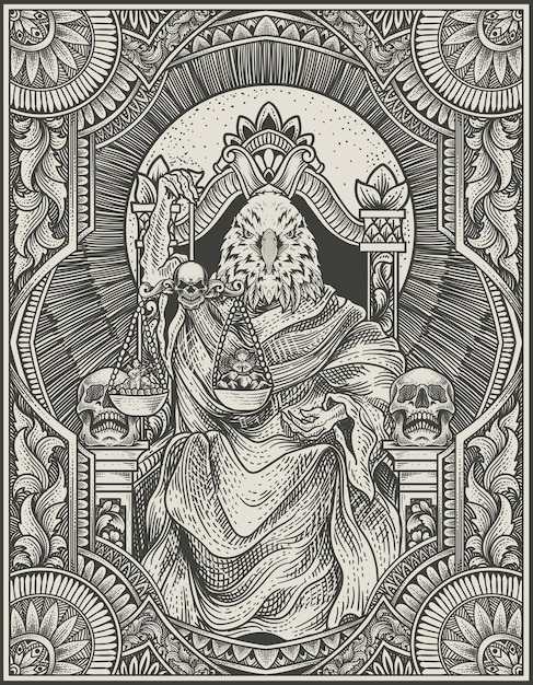 Ilustração rei águia satanás no estilo de ornamento de gravura gótica