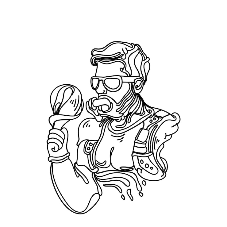 Vetor ilustração retrata um homem com barba e óculos desfrutando de uma xícara de café o preto e branco