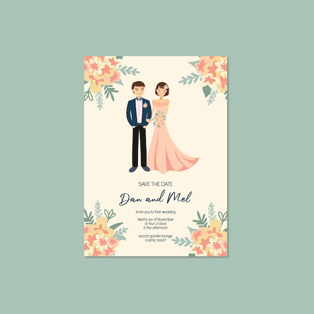 Ilustração Retrato Casal Bonito Convite Casamento Salvar O Modelo Data