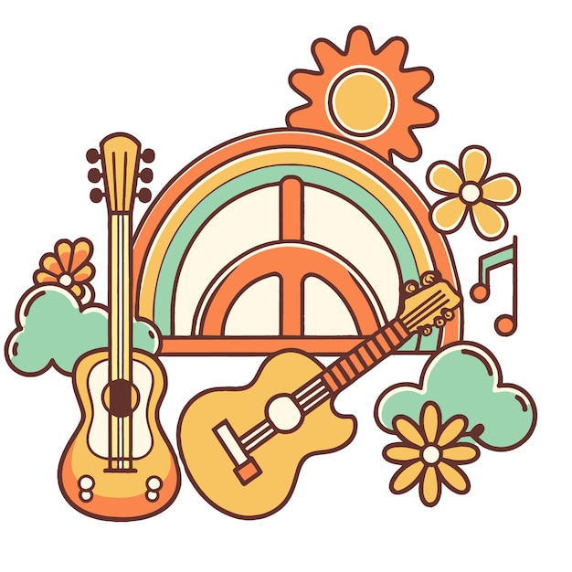 Ilustração retrô com guitarras, sinal de paz e sol capturando a essência da era hippie