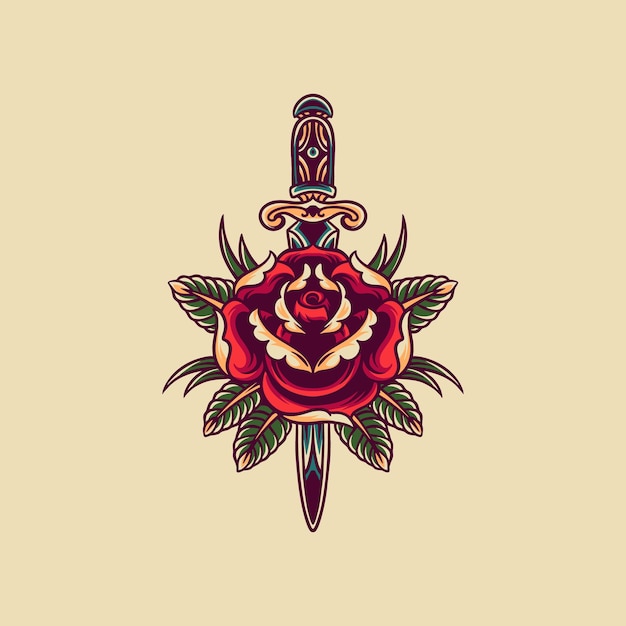 Ilustração retrô de rosa e faca
