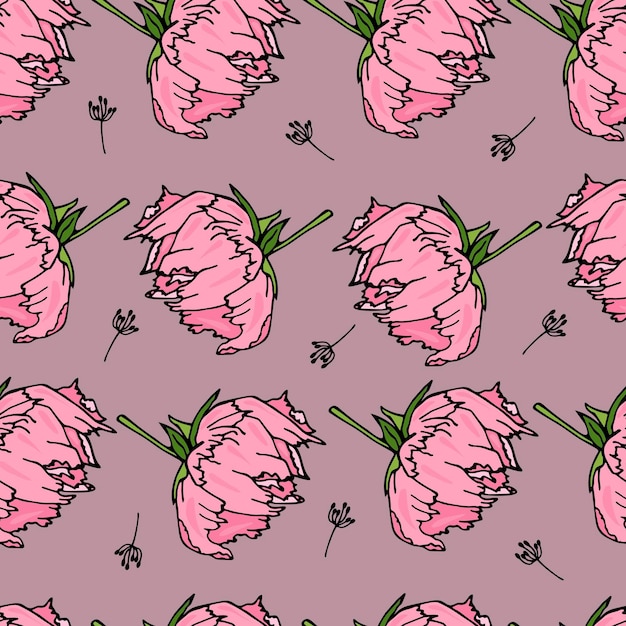 Ilustração sem costura padrão de flores rosa de peônias em um fundo rosa