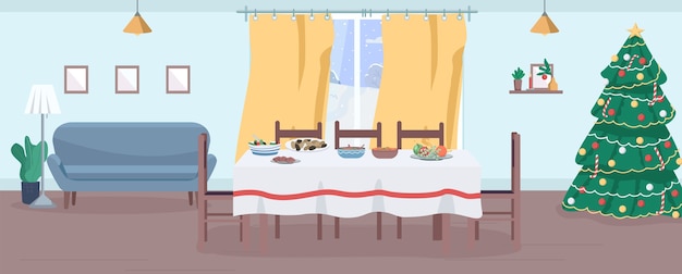 Ilustração semi plana de jantar festivo. banquete de ano novo. festa de natal. atividade de férias de inverno para família grande. decorado interior de desenho animado doméstico 2d para uso comercial