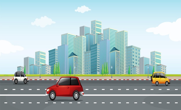 Ilustração simples de fundo de paisagem urbana de casas e carros Ilustração vetorial